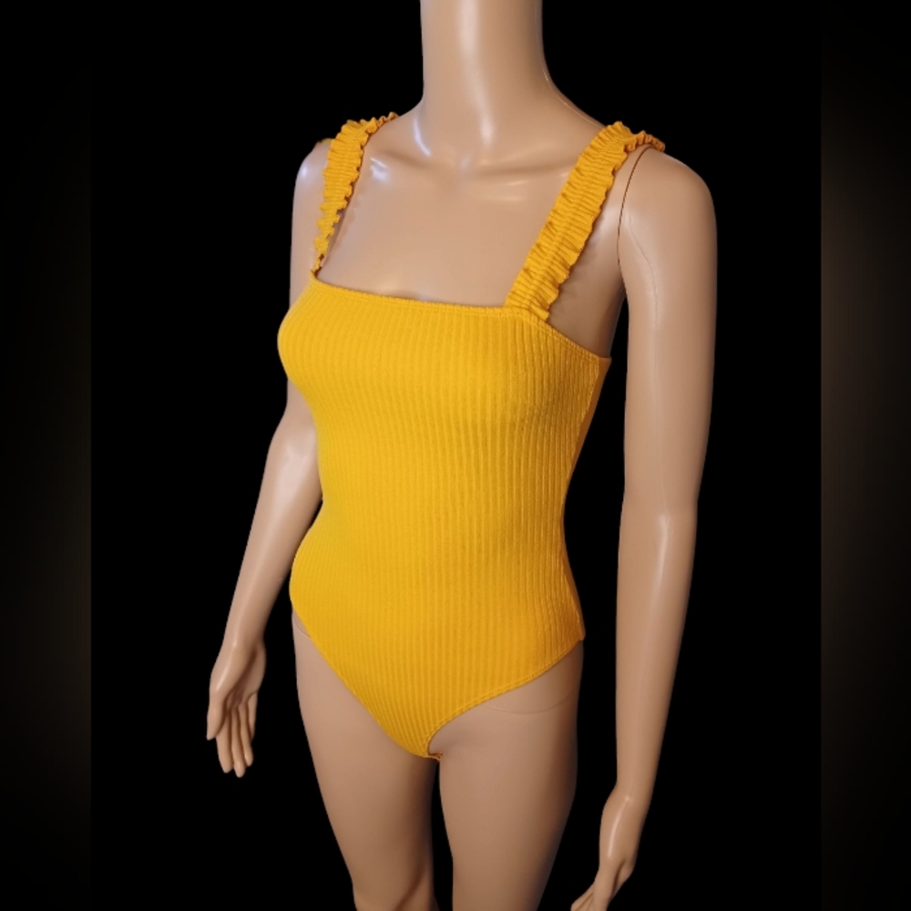 Forever 21 Yellow Ribbed Ruffle Strap Bodysuit
